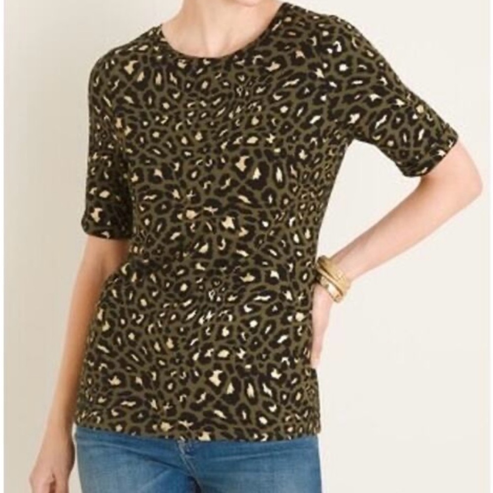 Chico's Olive Green, Black and Gold Animal Print Short Sleeve Top